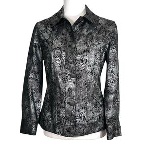 Chico’s Black and Metallic Silver Floral/Paisley Jacket